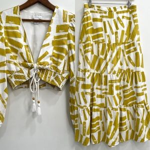 NWOT House of Harlow Two Piece Linen Midi Skirt Set Bohemian Tassels Size Medium